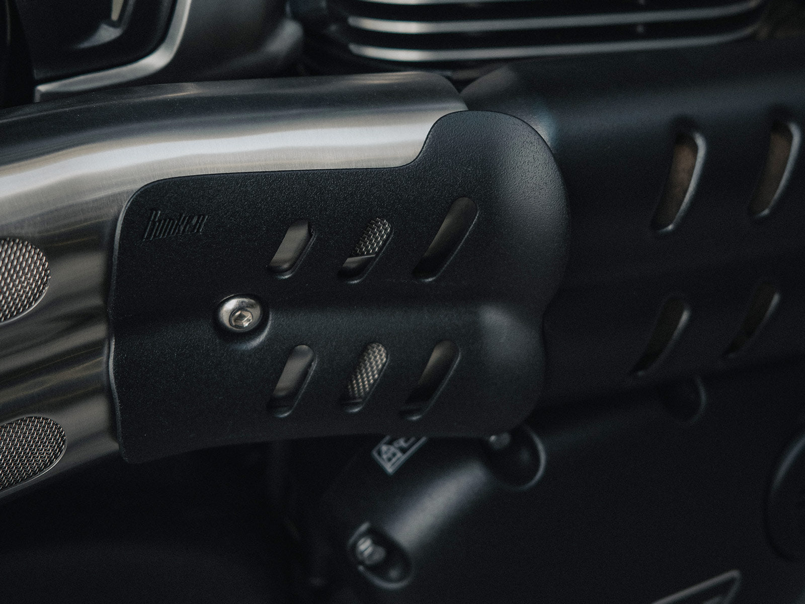 Triumph scrambler 900 Heat Shield Leg Saver on motorcycle Closeup